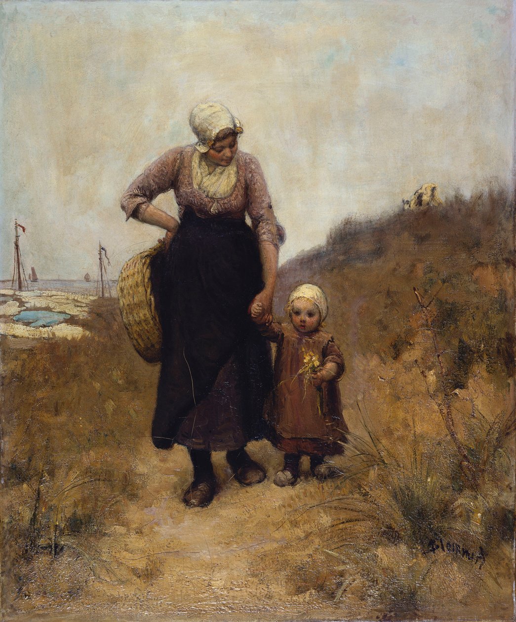 Mère et Enfant sur un Chemin près de la Mer - Bernardus Johannes Blommers or Bloomers