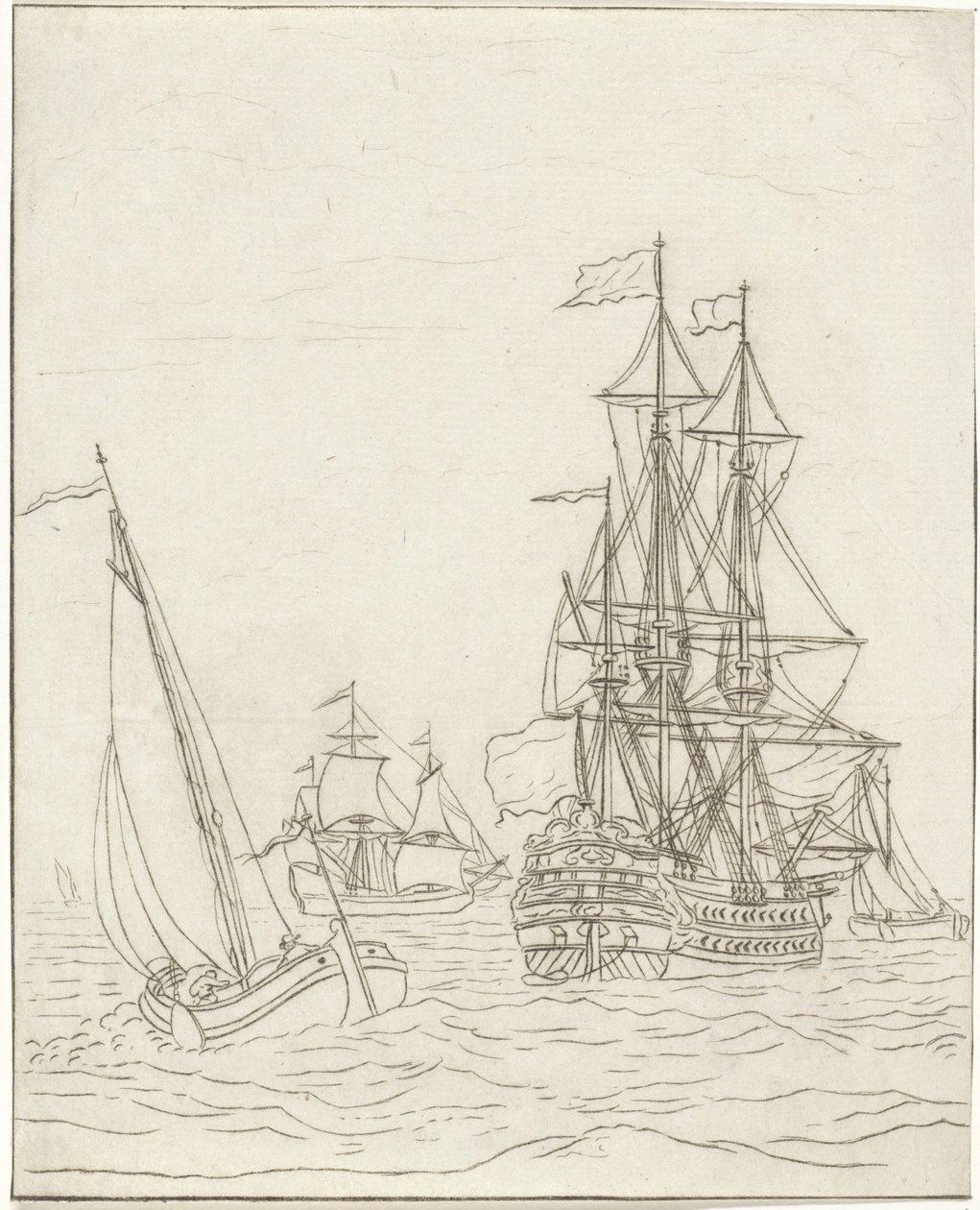 Un navire de guerre et trois voiliers en pleine mer - Bernhard Schreuder