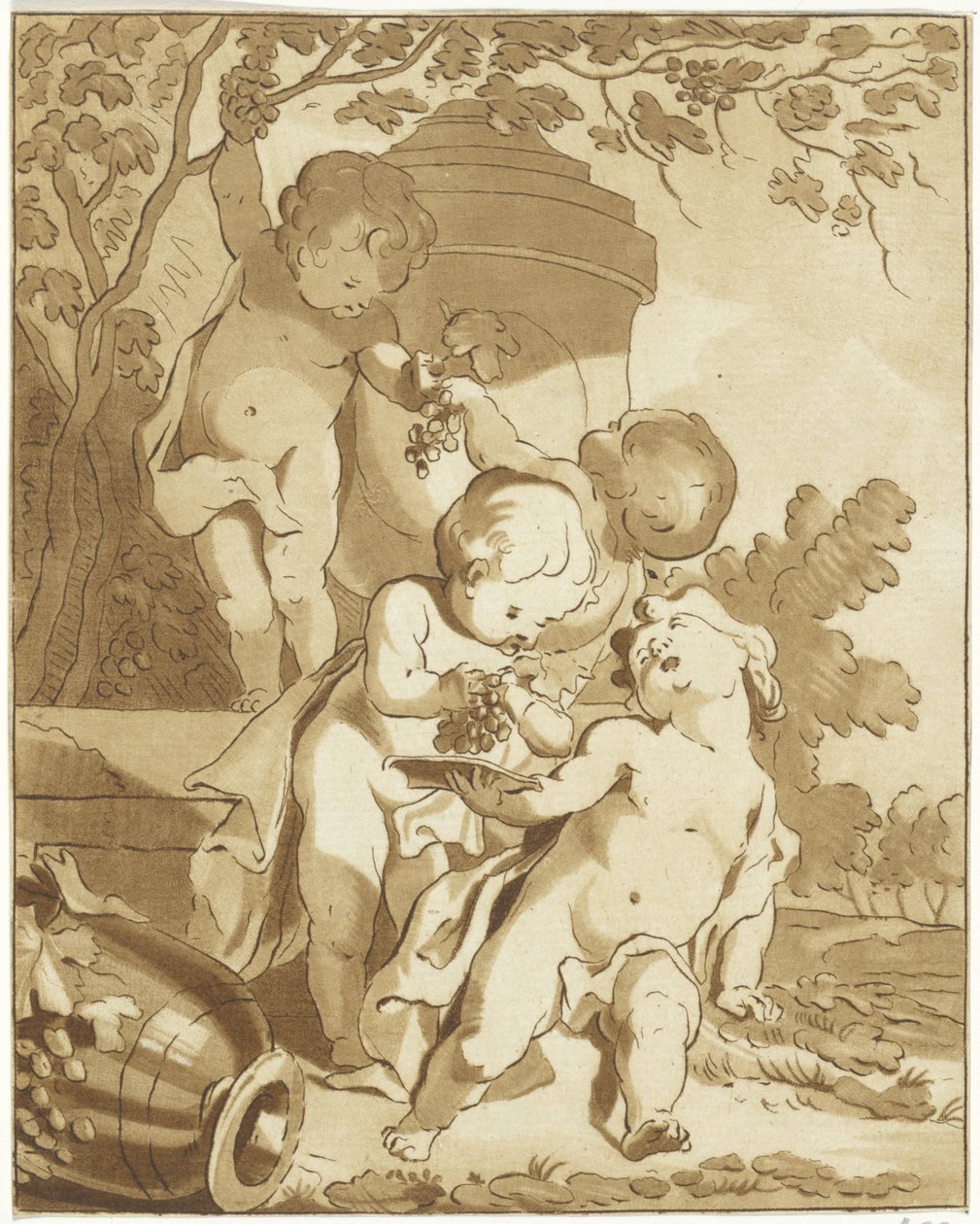 Quatre putti cueillant du raisin près d