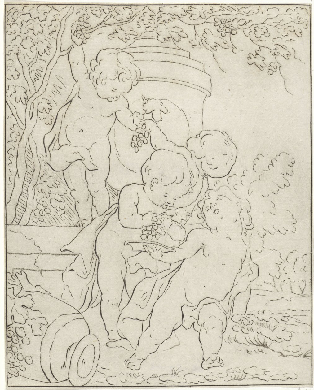 Quatre putti cueillant du raisin près d