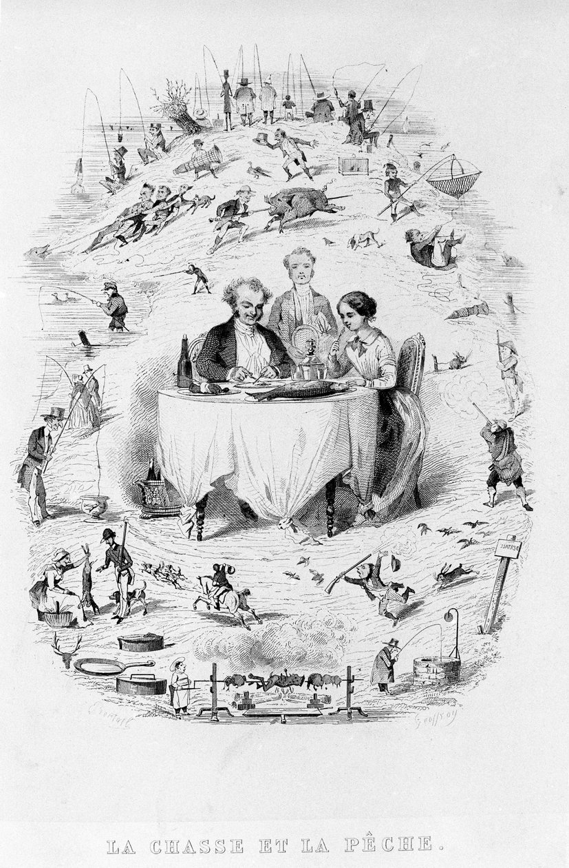 Chasse et pêche : un couple au restaurant devant un plat de poisson et de viande, tout autour sont représentées les différentes manières de chasser et de pêcher. La Physiologie du Goût de Brillat-Savarin illustrée par Bertall. Paris 1840 - Bertall