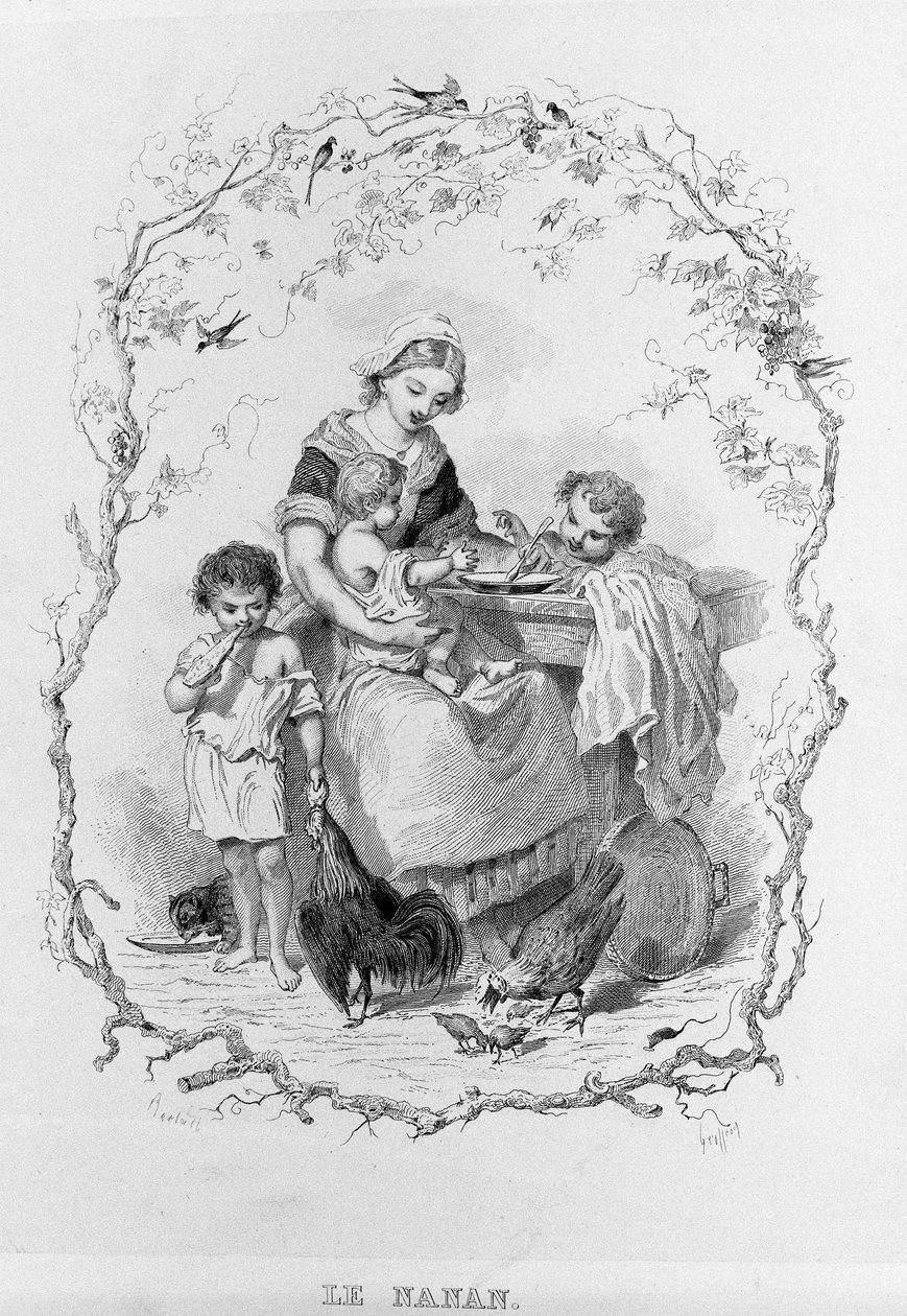La nanan : une jeune mère donne à manger à ses trois enfants dans "La Physiologie du Goût" par Brillat-Savarin illustré par Bertal. Paris 1840. Jean Anthelme Brillat-Savarin (1755-1826) gastronome français - Bertall