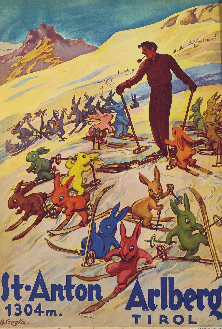 Anton, Arlberg, vers 1930 (lithographie couleur) - Bertha Czegka