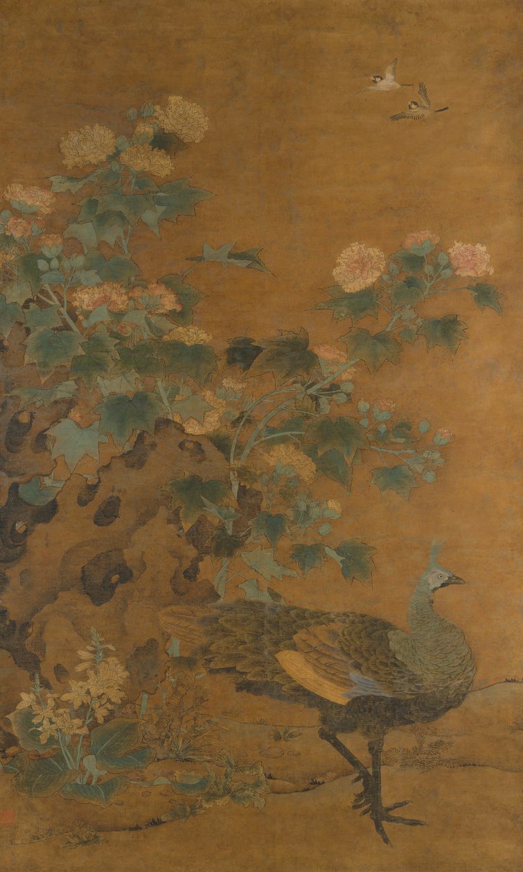 Paon et roses trémières - Bian Lu