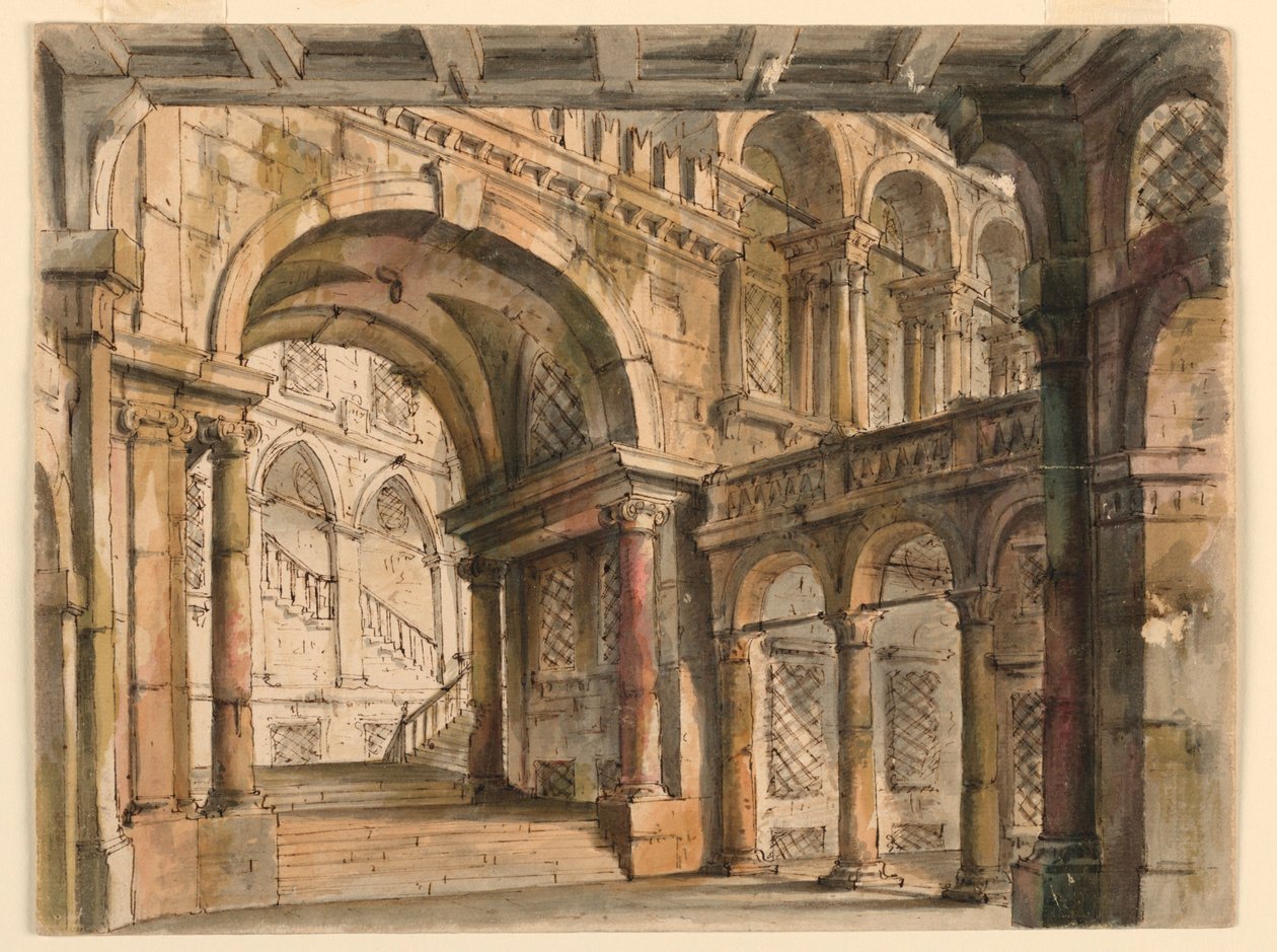 Décor de scène, cours et escaliers du palais - Bibiena Family, 1657