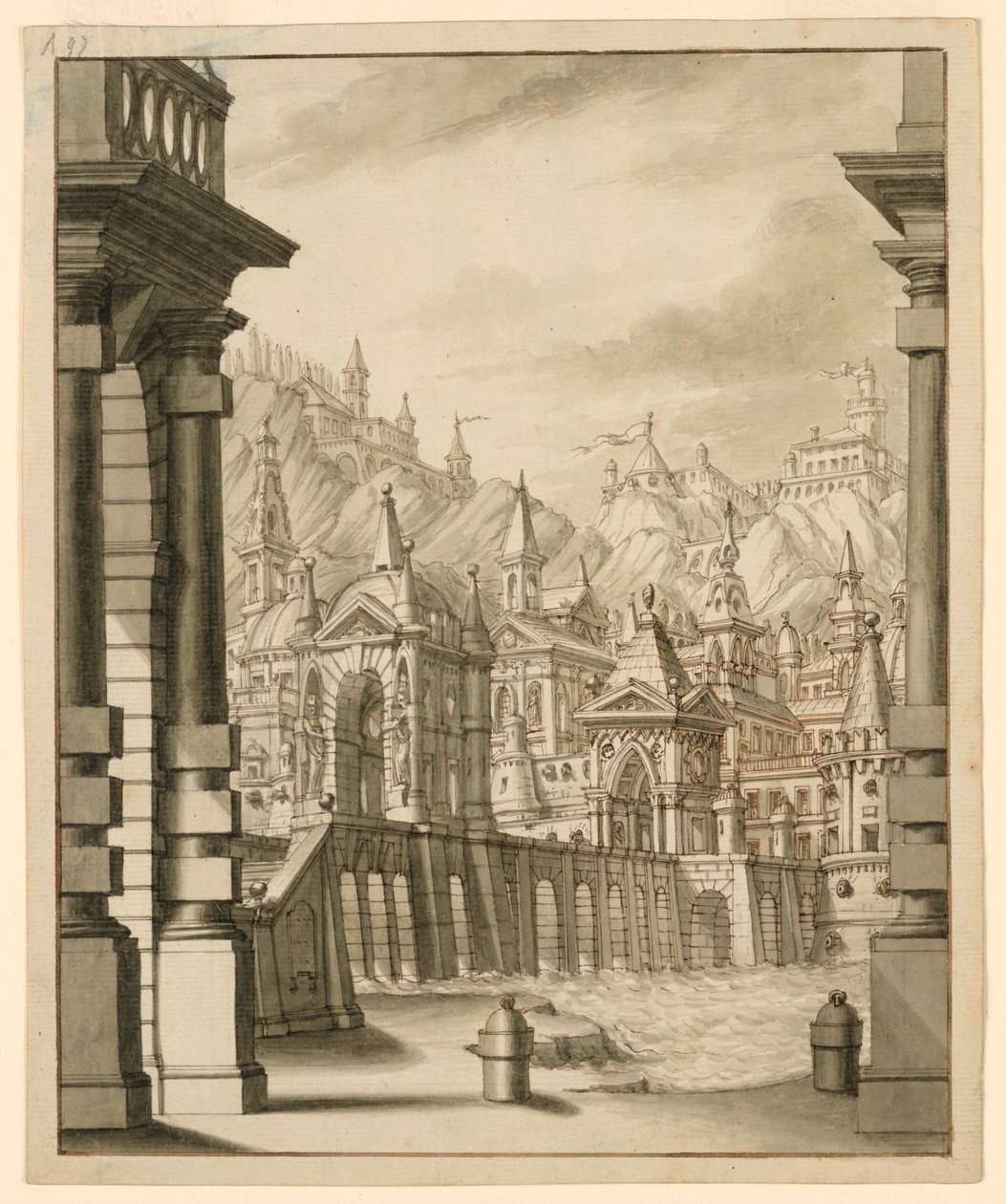 Décor de scène, ville sur colline avec bâtiments à tourelles - Bibiena Family, 1657