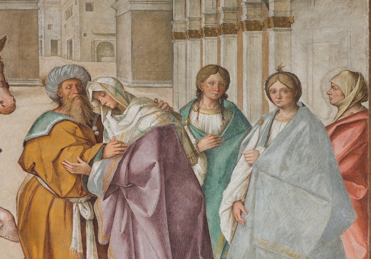 Nef centrale, Première travée nord, Rencontre de Saint Joachim et Sainte Anne à la Porta Aurea, Boccaccio Boccaccino 1514-15, (détail) - Boccaccio Boccaccino