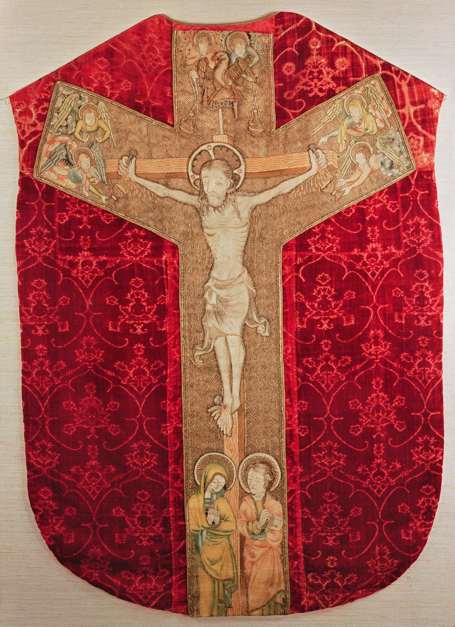 Orfroi brodé sur chasuble bohémienne représentant la Crucifixion avec la Vierge et les Anges, fin du XIVe siècle - Bohemian School