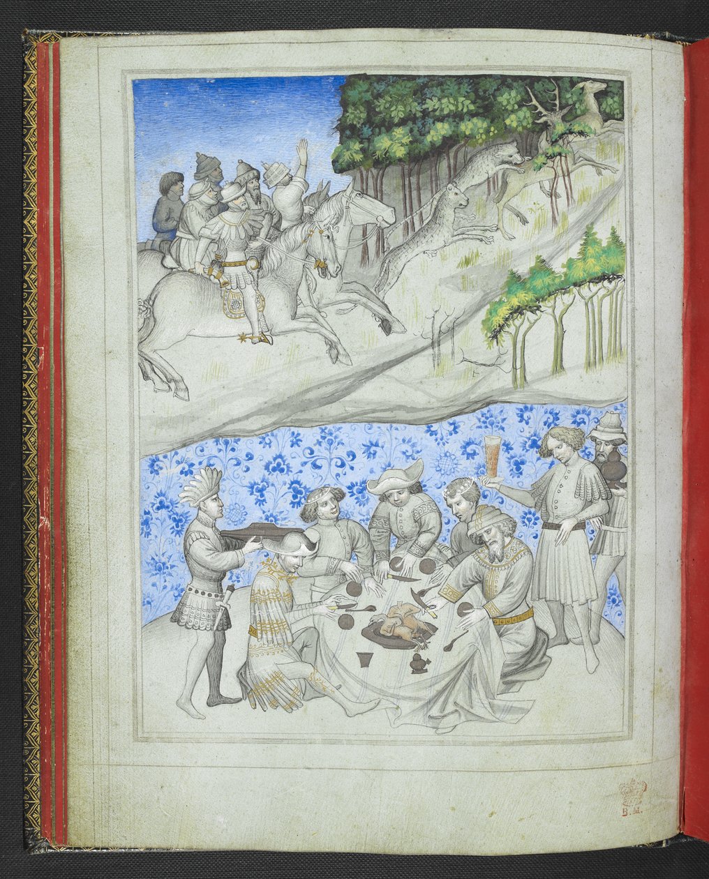 Add 24189, f.5v, Récréation à Chypre avec, au-dessus, une chasse au cerf utilisant des léopards et, en dessous, un festin, du 