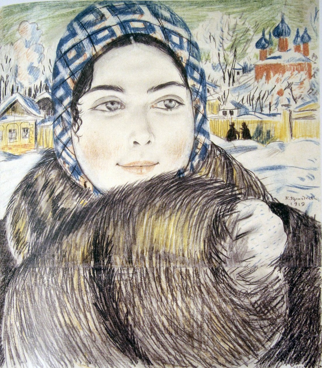 Femme de marchand avec un foulard à carreaux - Boris Mikhailovich Kustodiev