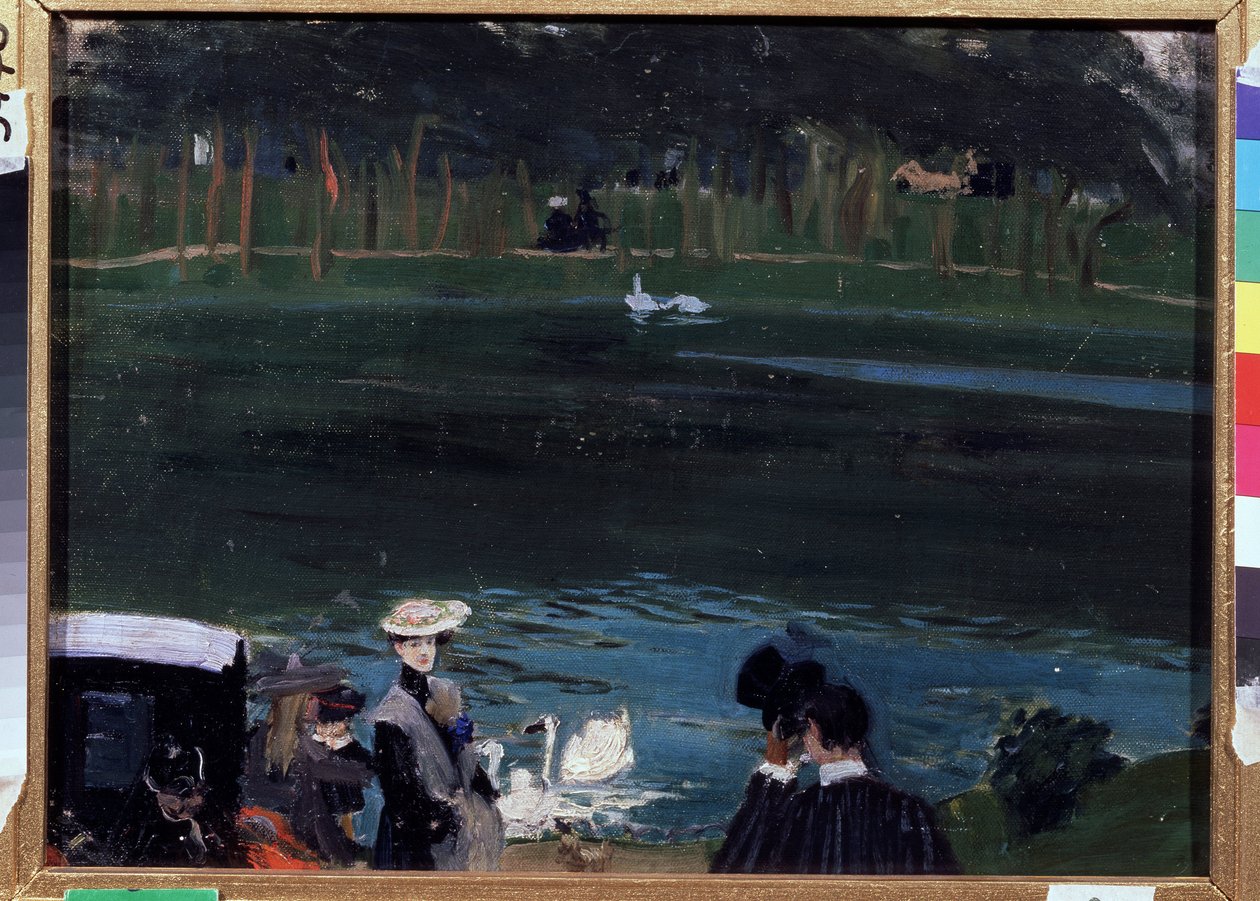 Bois de Boulogne. Le lac avec des cygnes et des promeneurs - Boris Mikhailovich Kustodiev
