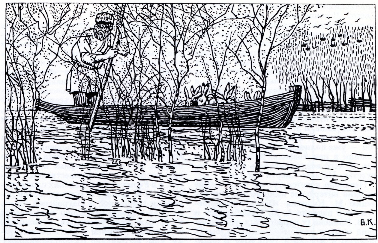 Illustration pour le poème Grand-père Mazay et les lièvres par N. Nekrasov, 1910 - Boris Mikhailovich Kustodiev