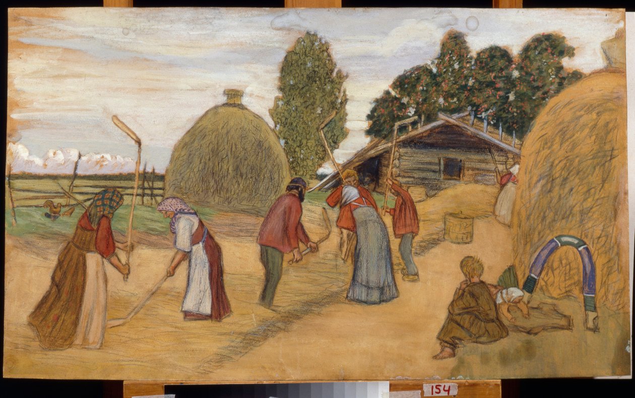 Le battage de la moisson au fléau - Boris Mikhailovich Kustodiev