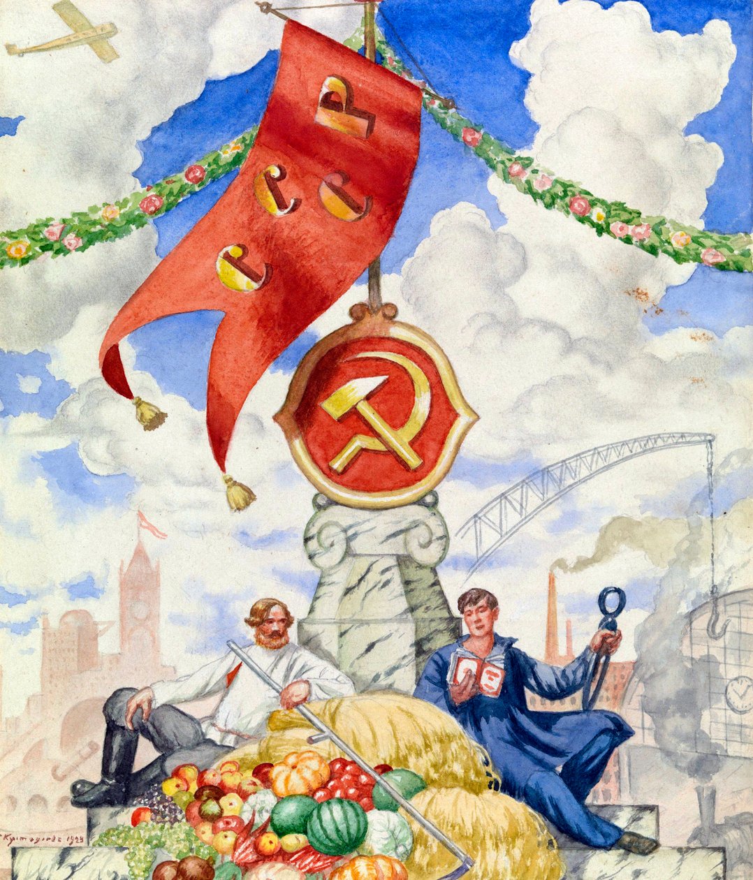 "Travailleur et fermier réunis sous le drapeau communiste" Affiche de propagande - Boris Mikhailovich Kustodiev