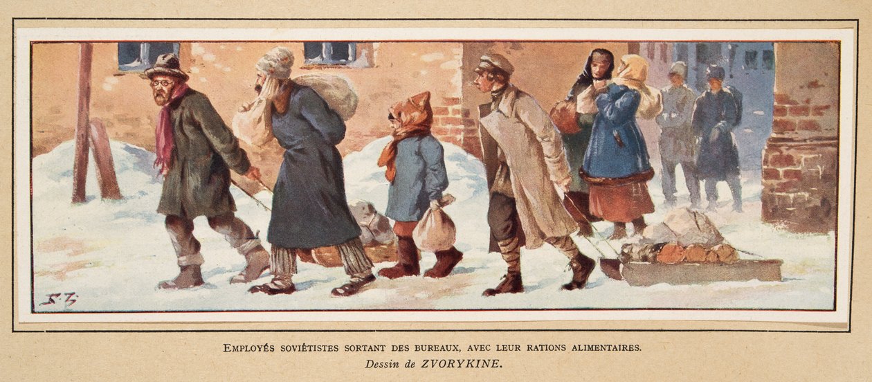 Travailleurs soviétiques quittant le bureau avec leurs rations alimentaires, tiré de Histoire des Soviets, pub. 1922 - Boris Vasilievich Zvorykin