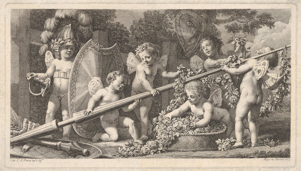 Six putti jouant avec les armes de Mars, quatre tenant une grande lance - Bossi