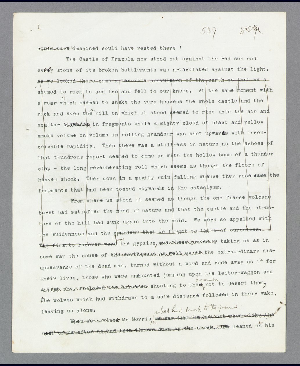 Page 539, Chapitre 27, Le passage supprimé décrivant la destruction du château de Dracula, du manuscrit original dactylographié de 