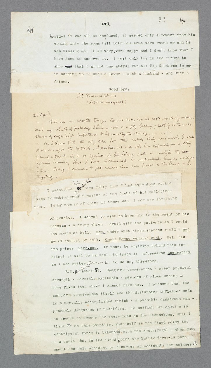 Page 93, Chapitre 5, Extrait du journal phonographique du Dr. Seward décrivant son patient, Renfield, du manuscrit original de Bram Stoker 