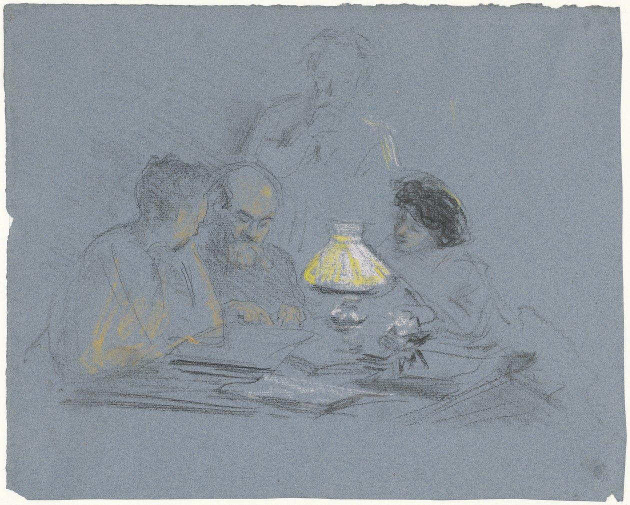 A. Grandmont et trois figures, lisant à la lumière d