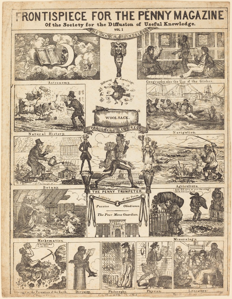 Frontispice pour le Penny Magazine de la Société pour la Diffusion des Connaissances - British 19th Century