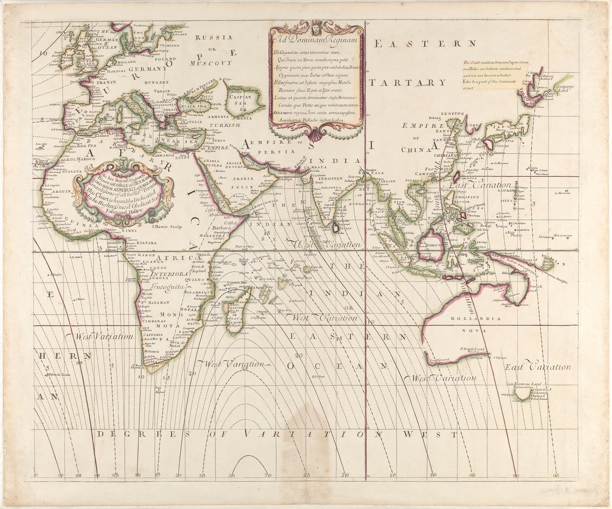 Nouvelle et correcte carte marine du monde entier montrant les variations de la boussole telles qu