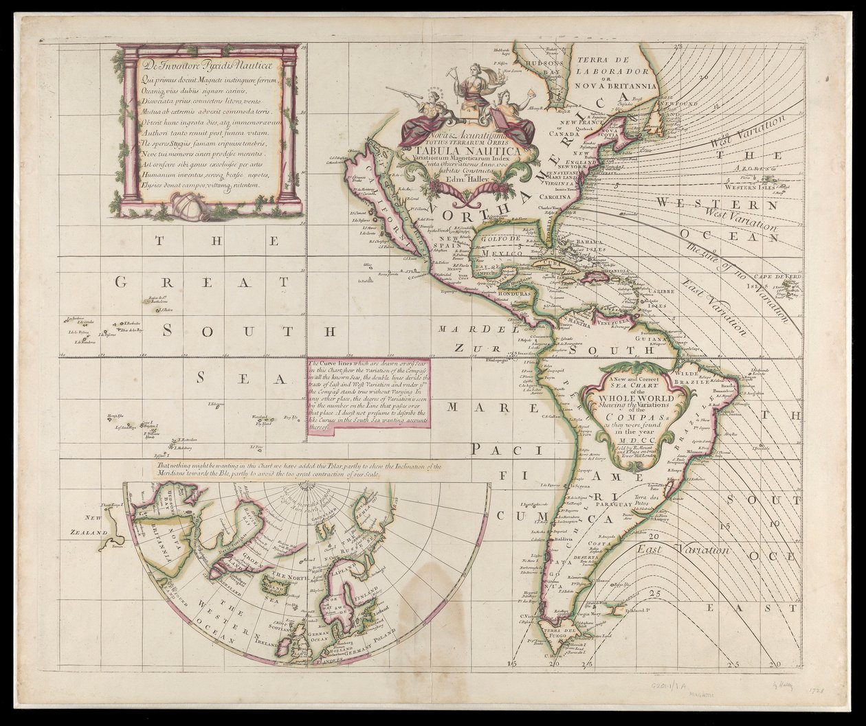 Nouvelle et correcte carte marine du monde entier montrant les variations de la boussole telles qu