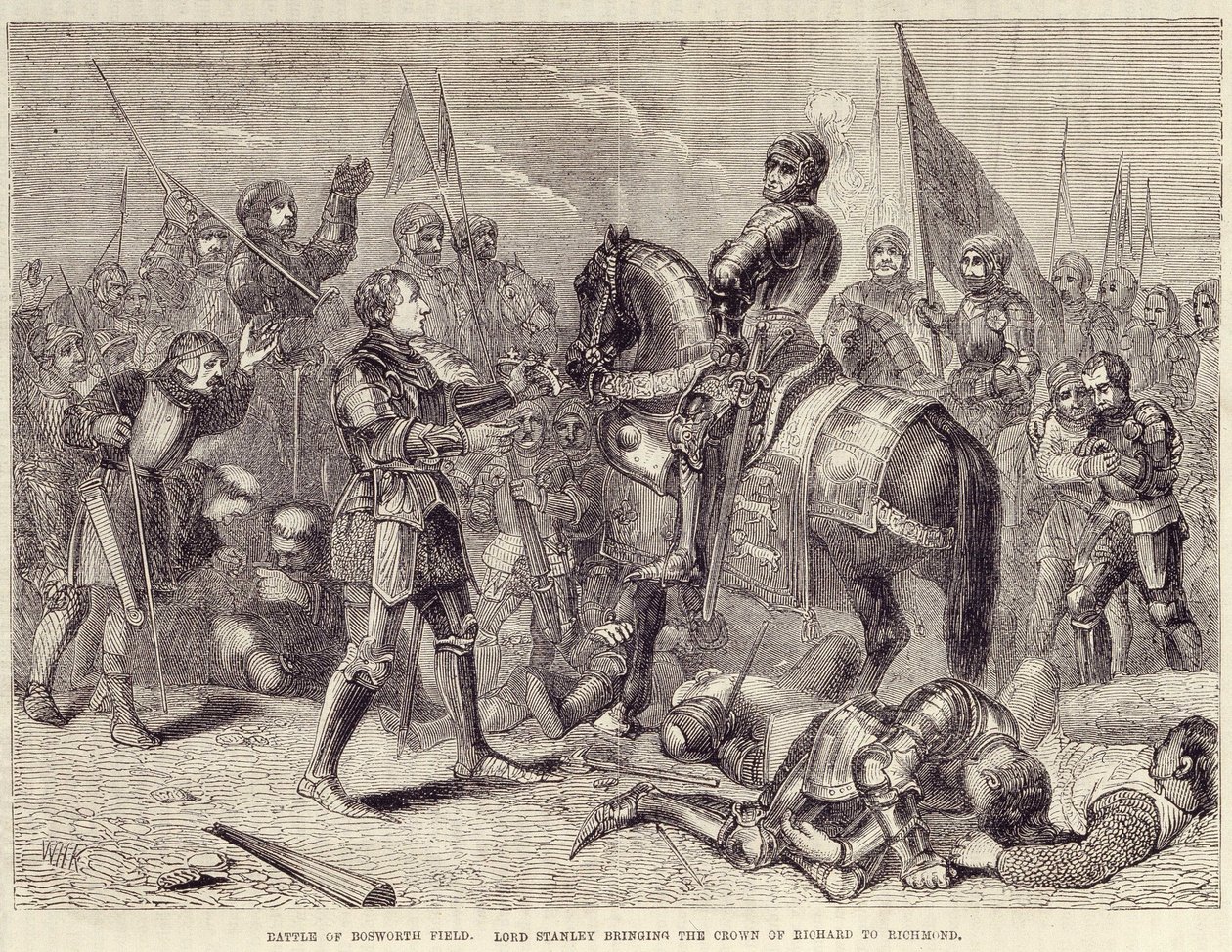 Bataille de Bosworth Field. Lord Stanley apportant la couronne de Richard III à Richmond (1485) : fin de la guerre des Deux Roses - dans « Cassell