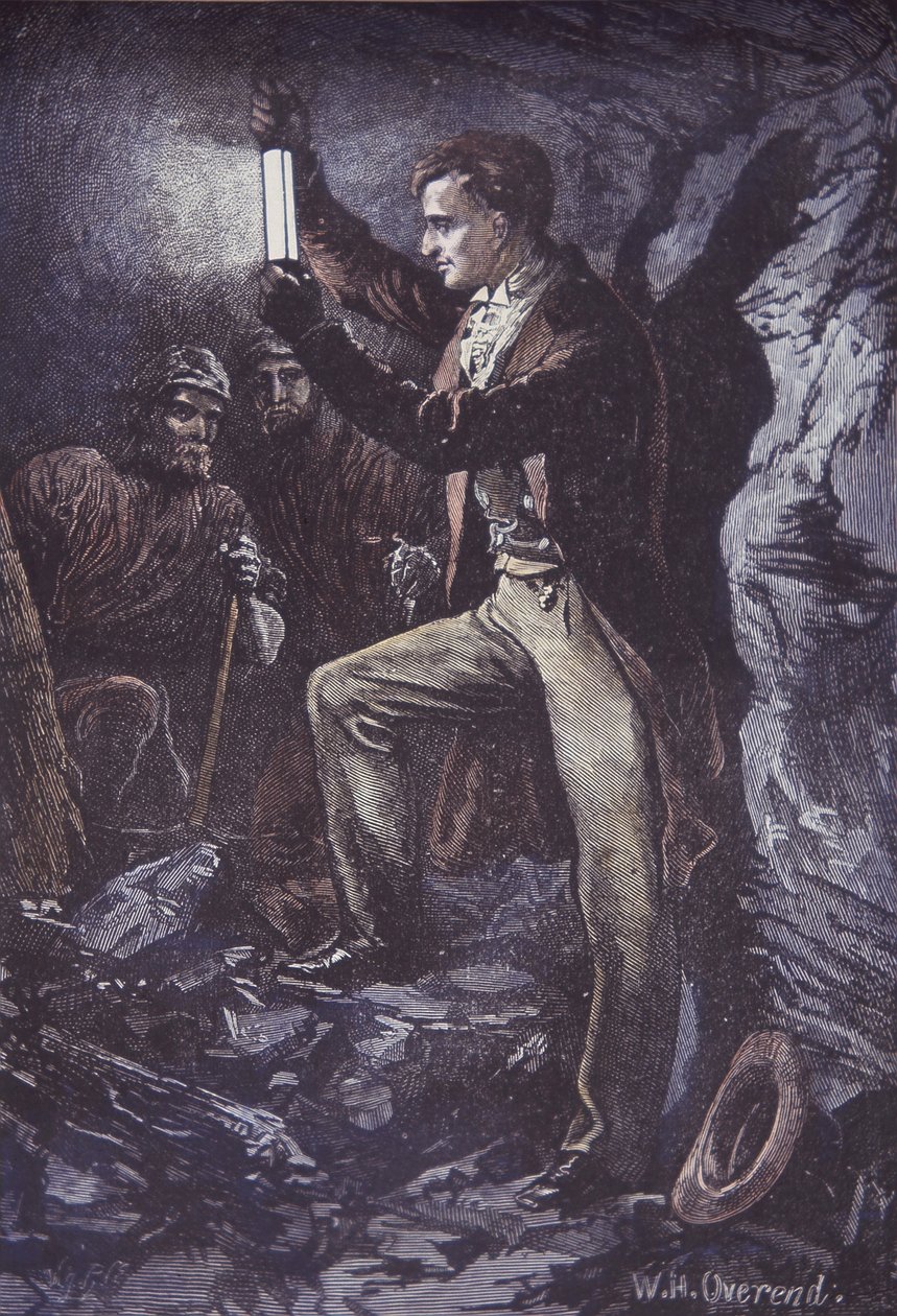 Humphry Davy avec la lampe de sûreté Davy pour les mineurs, inventée en 1815 (gravure sur bois coloriée à la main) - British School