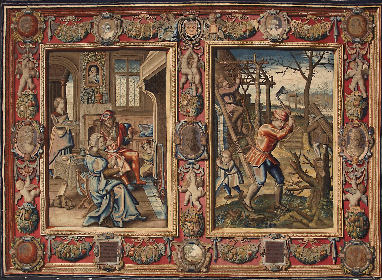 Janvier et février : « Un couple près du feu et un bûcheron » Tapisserie des manufactures de Mortlake. XVIIe siècle. Gênes, Musei di Strada Nuova - British School