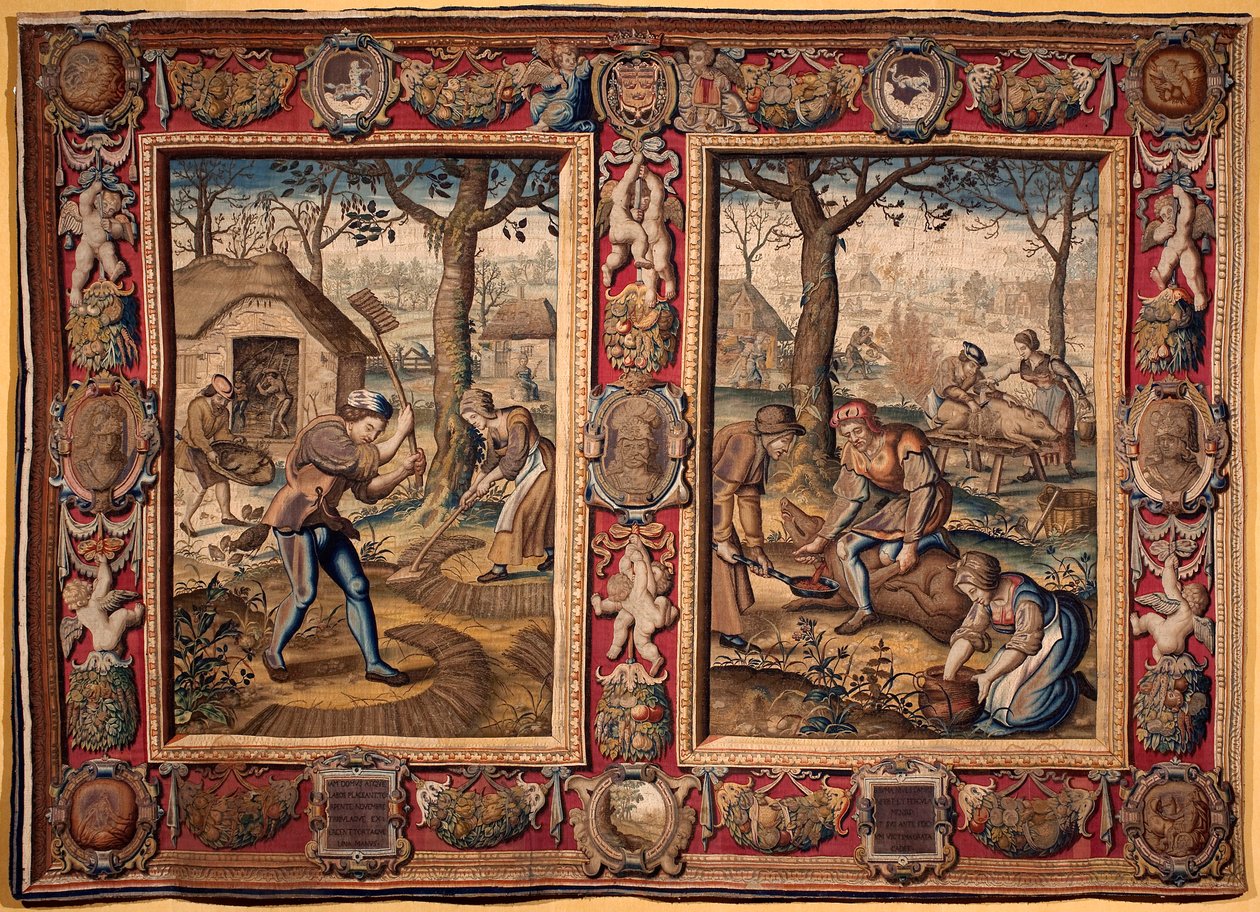 Novembre et décembre : travaux agricoles et abattage de porcs. Tapisserie des manufactures de Mortlake. 17ème siècle, Gênes, Musei di Strada Nuova - British School