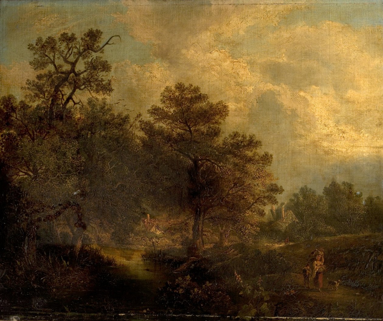 Scène boisée avec ruisseau et cottages - British School