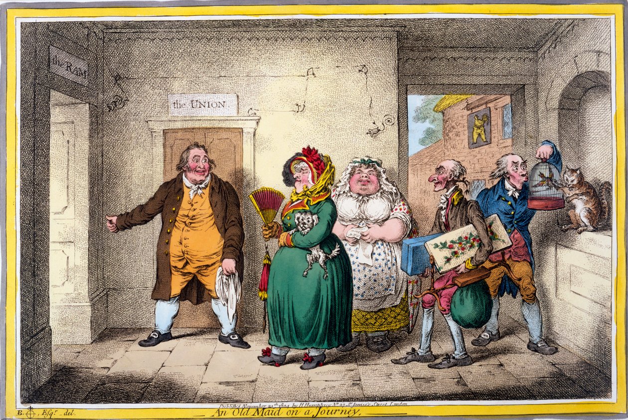Une vieille fille en voyage, gravure réalisée par James Gillray, 1804 (gravure coloriée à la main) - Brownlow North