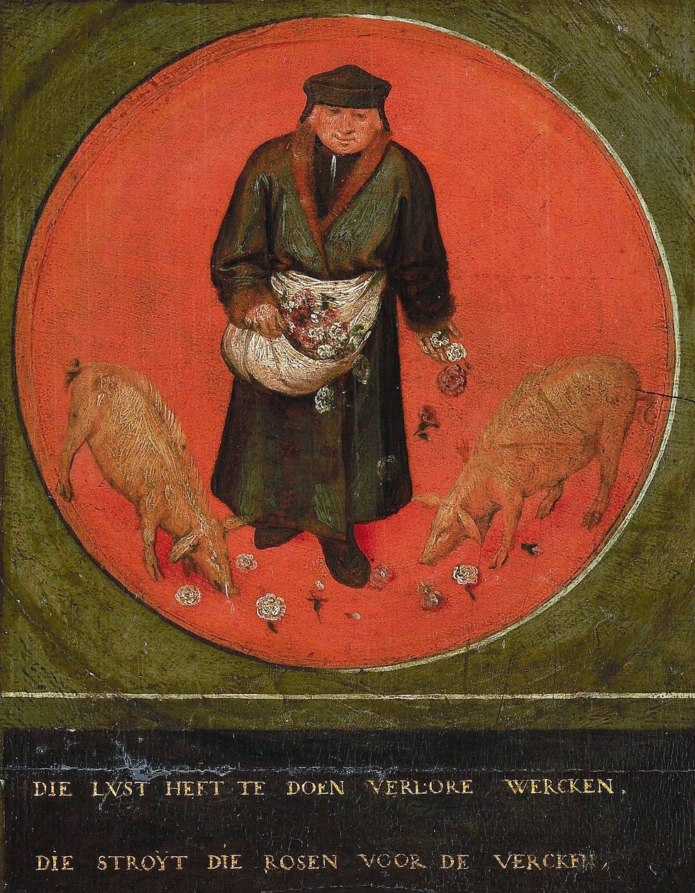 Celui qui gaspille son effort jette des roses devant les cochons, 1558 - Bruegel
