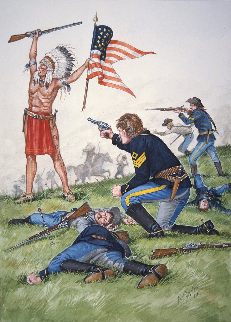 Guerrier sioux contre le 7e régiment de cavalerie américaine lors de la bataille de Little Bighorn, 25 juin 1876, tiré d