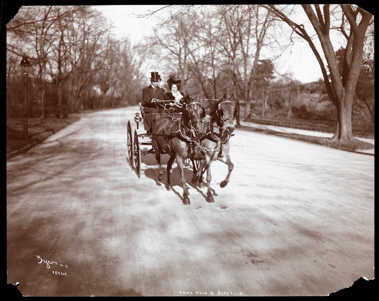 Anna Held et Florenz Ziegfeld conduisant une calèche, New York, 1904 - Byron Company