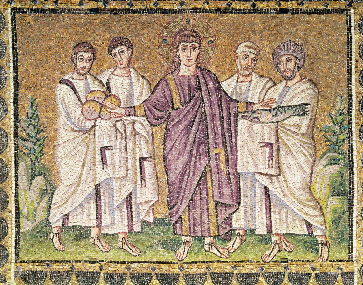 Multiplication des pains et des poissons, Scènes de la vie du Christ (mosaïque) - Byzantine School