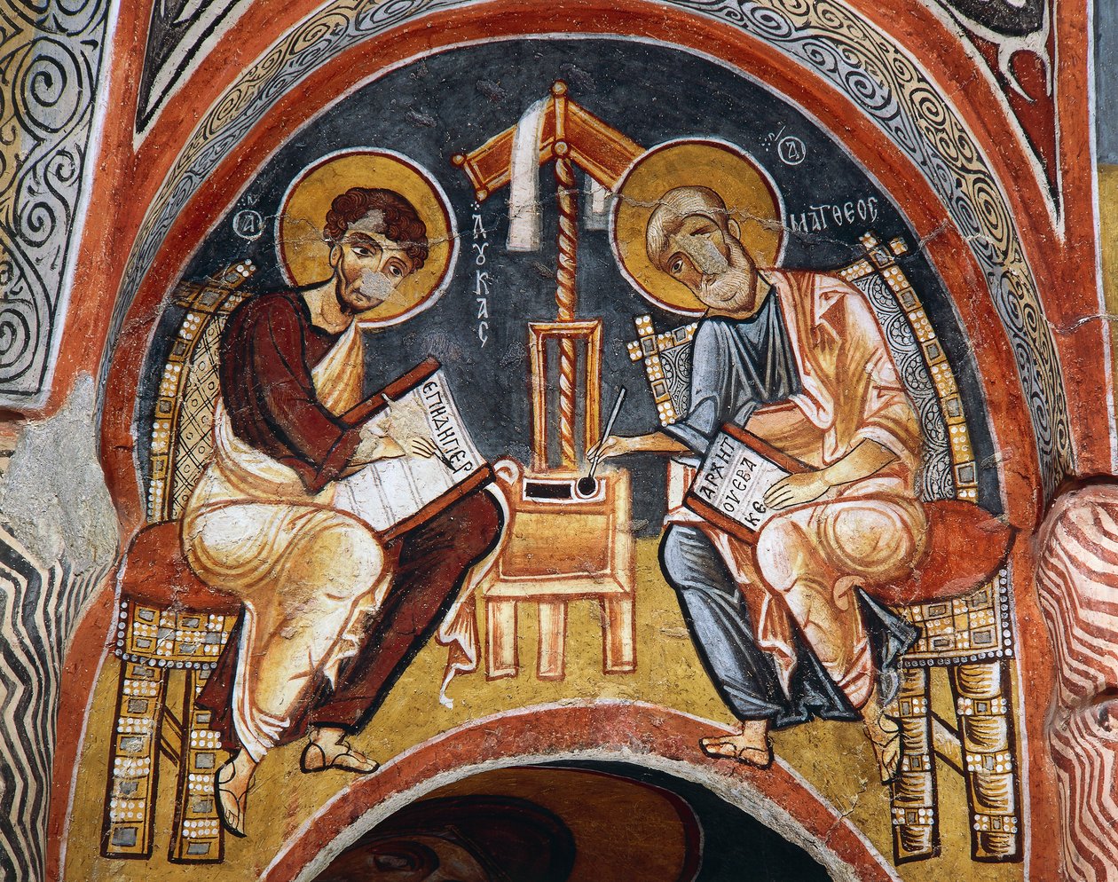 Évangélistes Marc et Jean écrivant les Évangiles, Karanlik Kilise (Église Sombre) (12ème-13ème siècle), Göreme (Liste du patrimoine mondial de l