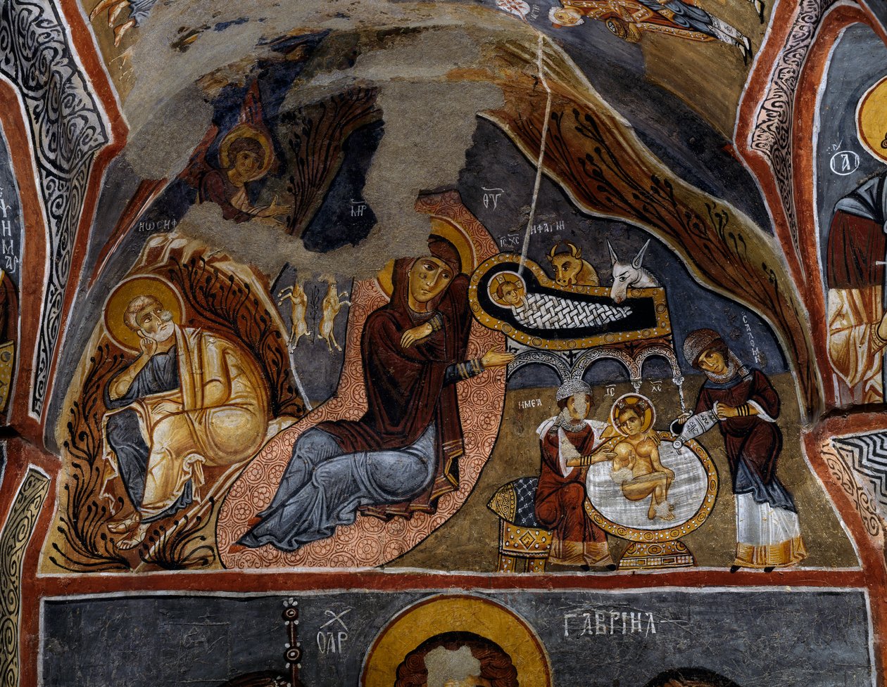 Nativité, fresque byzantine (12ème siècle), Karanlik Kilise (Église Sombre) (12ème-13ème siècle), Göreme (Liste du patrimoine mondial de l