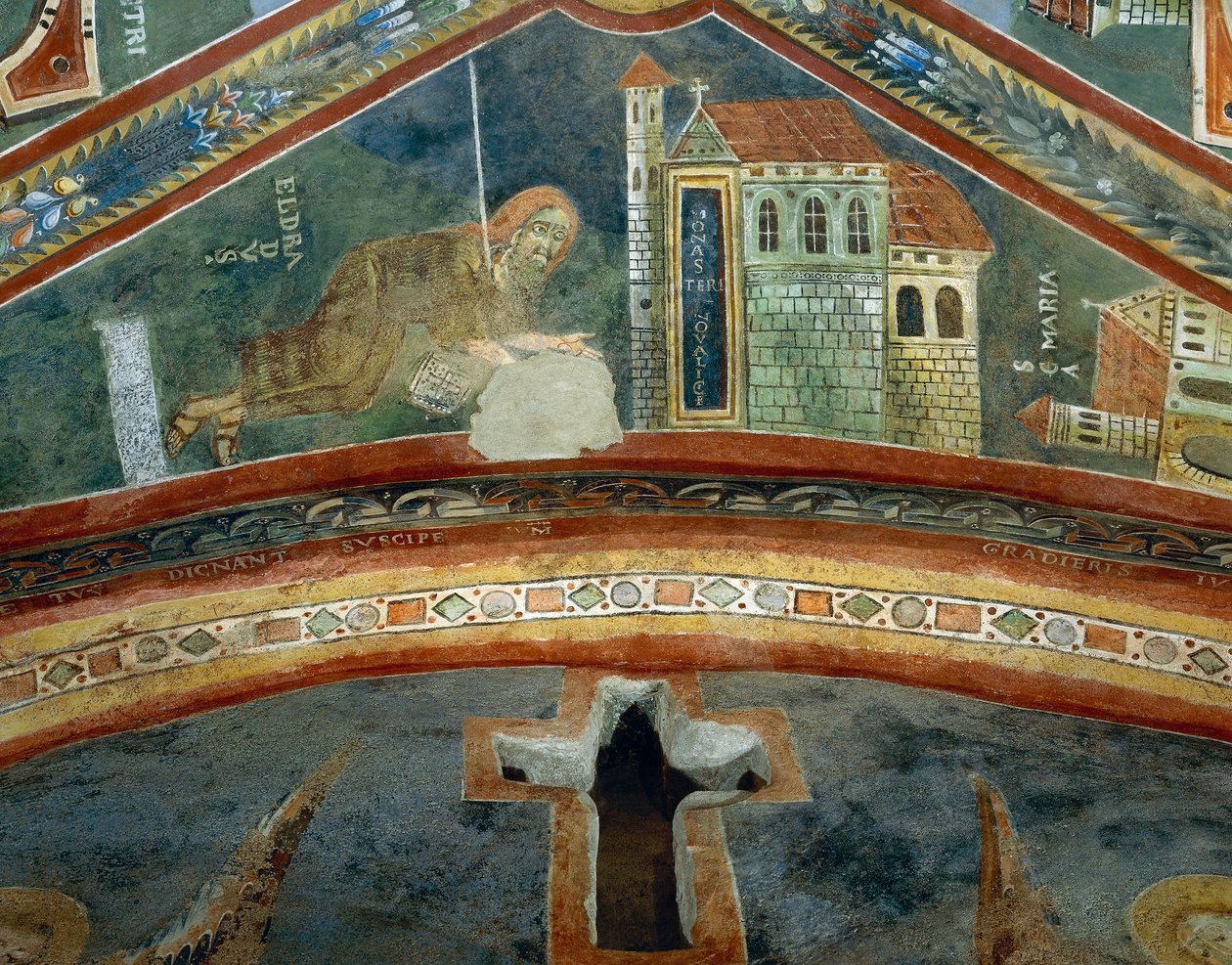 Saint Eldrad revenant de Saint-Jacques-de-Compostelle, détail des Histoires de la vie de Saint Eldrad, fresque romane, style byzantin, fin XIe siècle, Chapelle de Saint Eldrad et Saint Nicolas, Abbaye de Novalesa, Piémont, Italie - Byzantine
