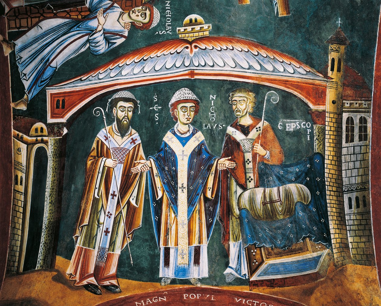 Saint Nicolas consacré évêque de Myre, détail des Histoires de Saint Nicolas, fresque romane, style byzantin, fin du XIe siècle, Chapelle de Saint Eldrad et Saint Nicolas, Abbaye de Novalesa, Piémont, Italie - Byzantine