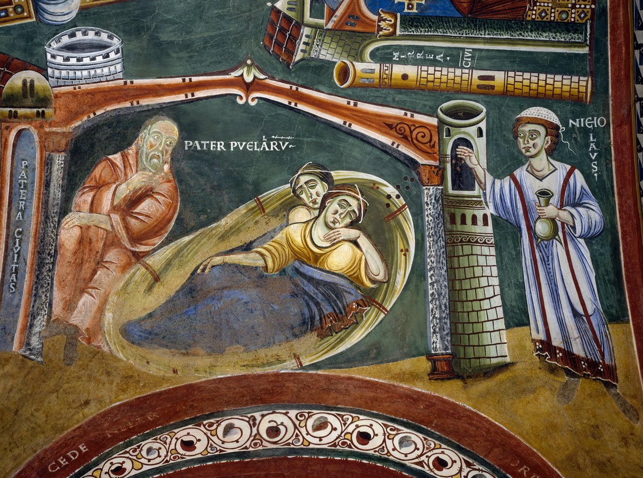 Saint Nicolas sauvant un riche marchand tombé dans la pauvreté et payant la dot de ses filles, détail des Histoires de Saint Nicolas, fresque romane, style byzantin, fin XIe siècle, Chapelle de Saint Eldrad et Saint Nicolas, Abbaye de Novalesa, Piémont, It - Byzantine