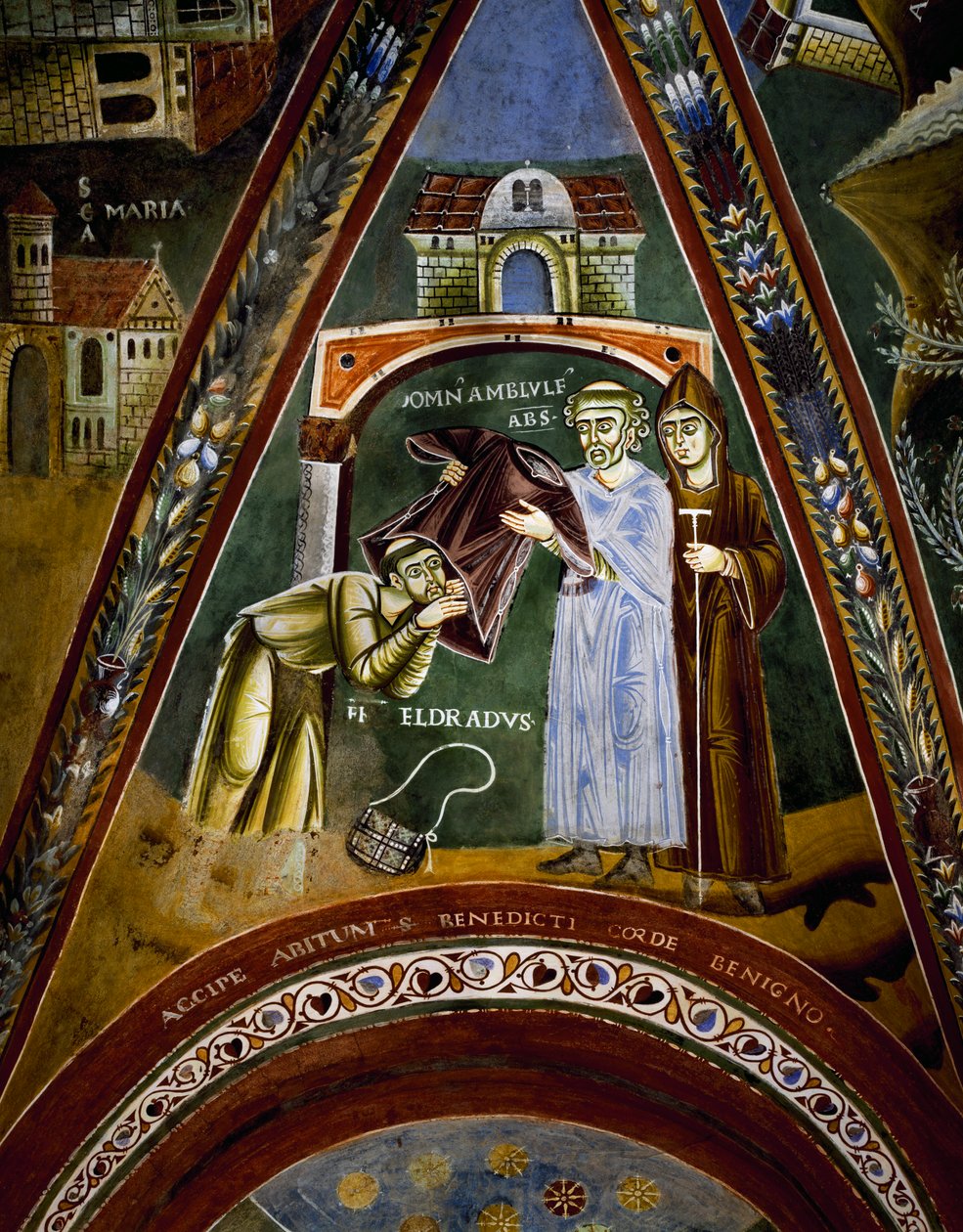 Saint Nicola, histoires de la vie de Saint Eldrad et Saint Nicolas, Saint Eldrado tourné vers Saint Jacques de Compostelle : recevant un habit monastique de l