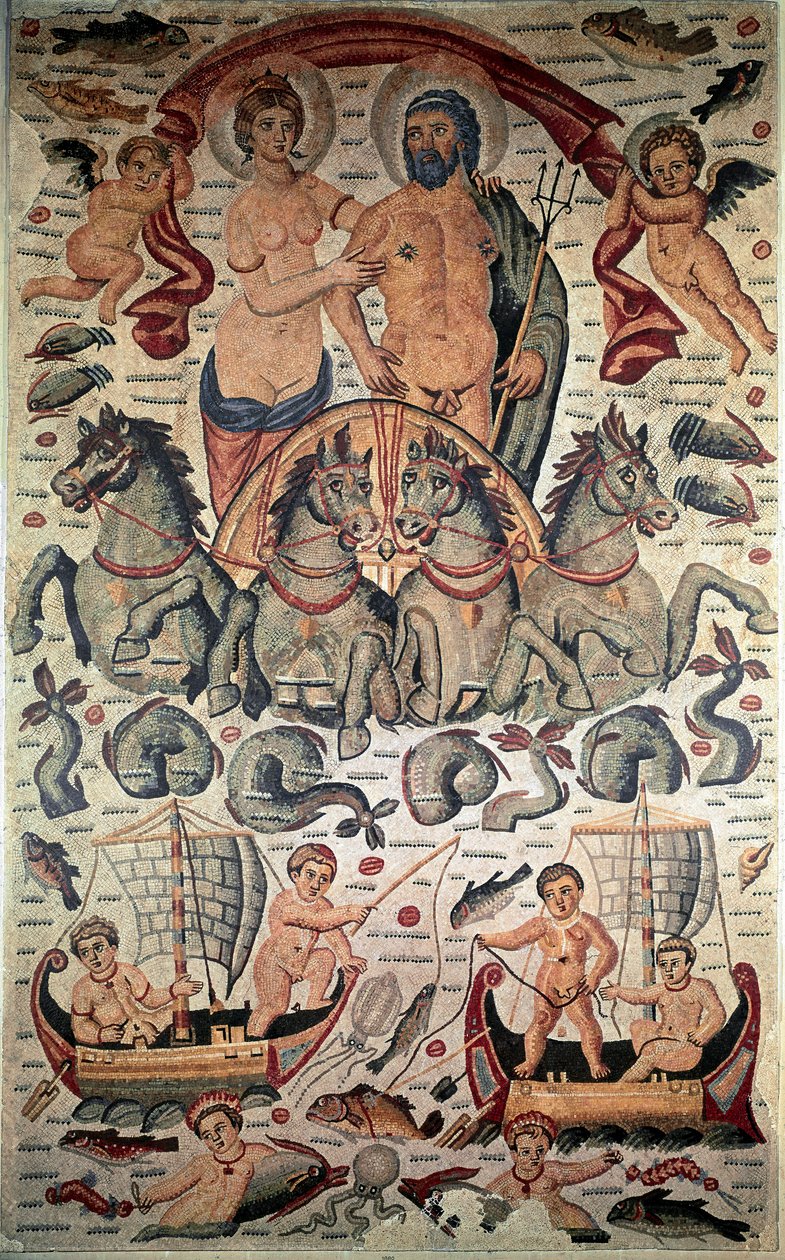 Art byzantin : Triomphe de Neptune et Amphitrite. Neptune et Amphitrite nus sur un char tiré par quatre chevaux marins. Mosaïque du 3e siècle. Dim : 3,1x1,96m. Musée du Louvre, Paris - Byzantine Byzantine