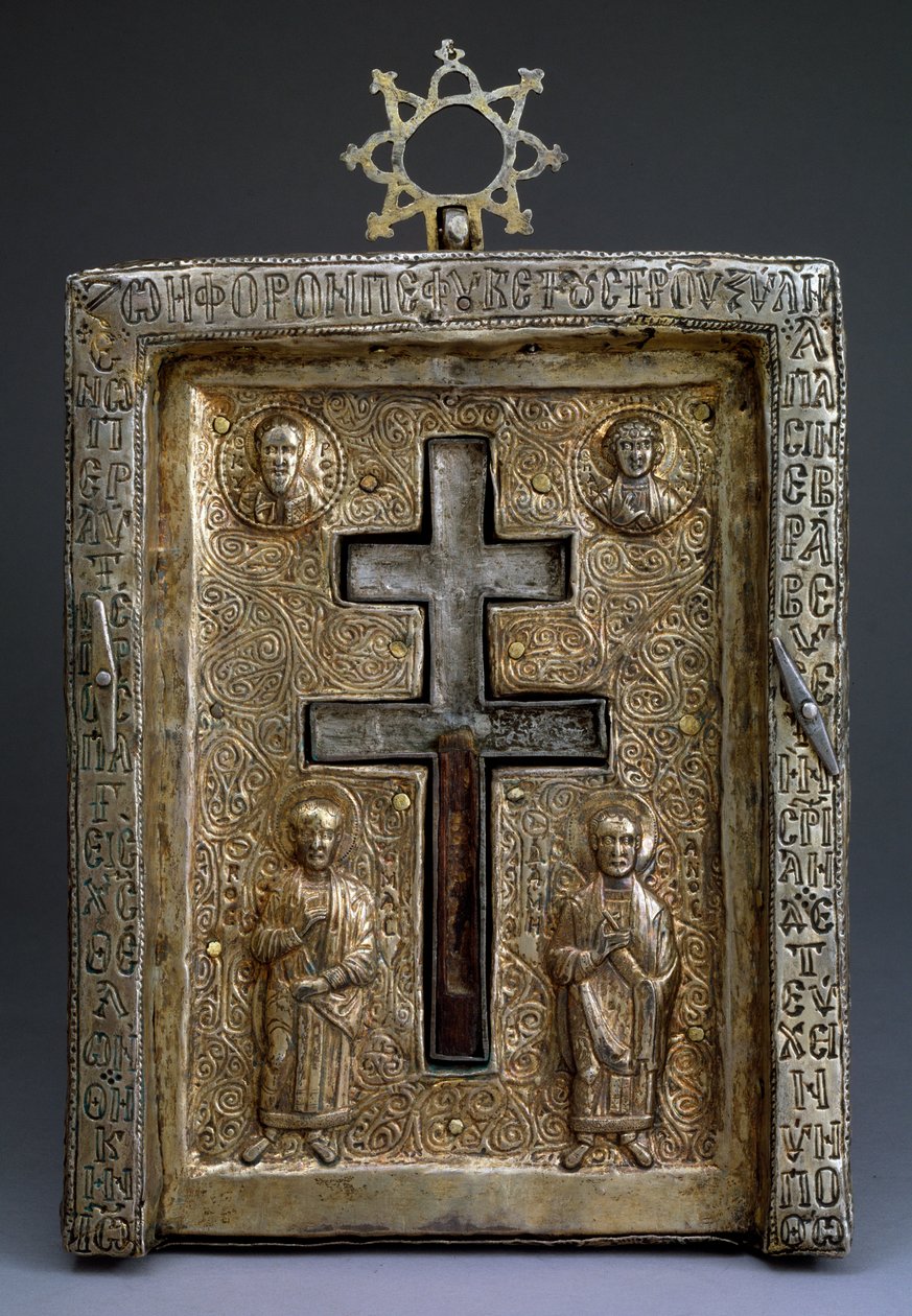 Staurothèque en argent doré, reliquaire de croix, byzantin, 12ème siècle - Byzantine Byzantine