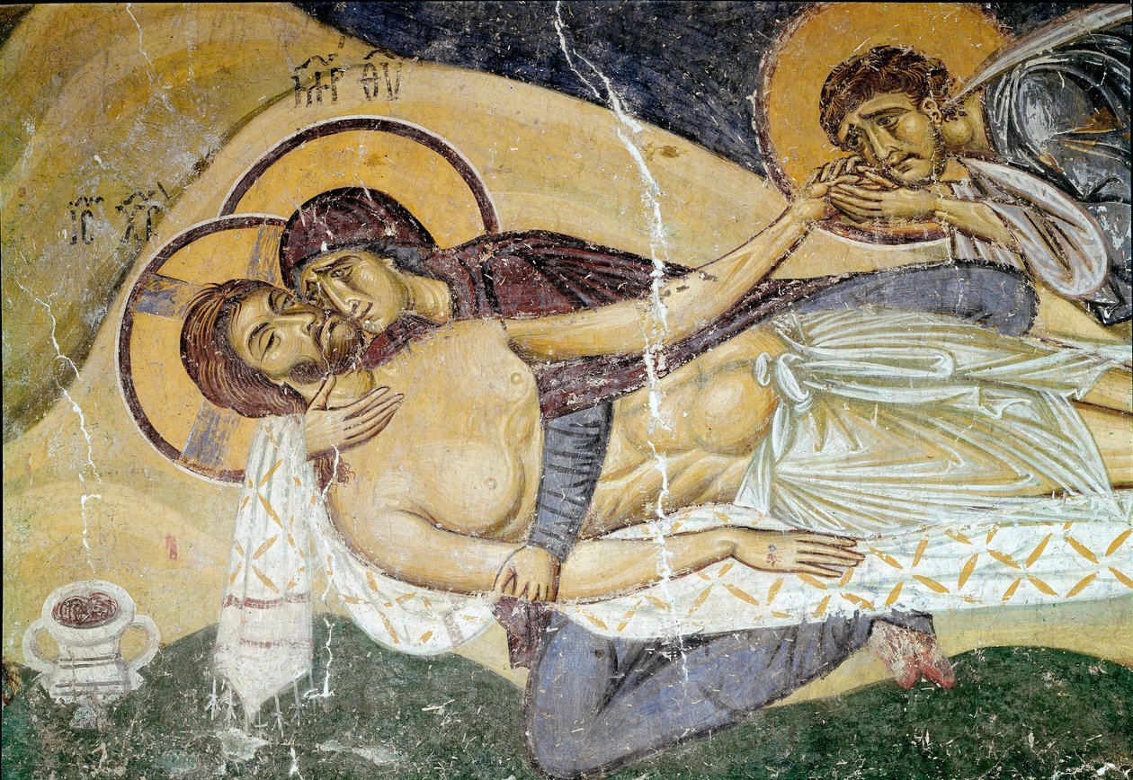 Art byzantin : « Lamentation sur la mort du Christ » Fresque du peintre du 12ème siècle. Détail. Nerezi, Saint-Pantaleimon, Macédoine - Byzantine School