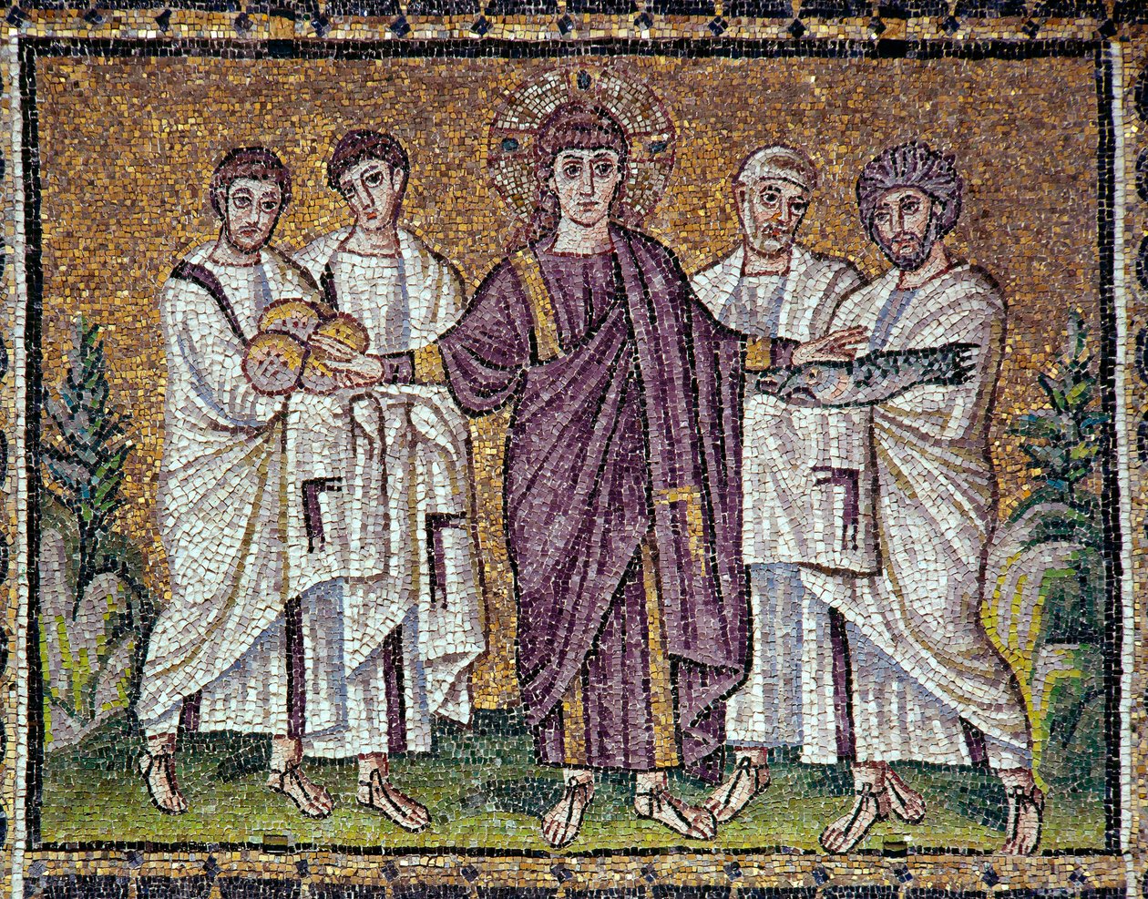 Art byzantin : "La multiplication des pains et des poissons" Mosaïque du VIe siècle. Basilique de Saint-Apollinaire-le-Neuf de Ravenne (Sant