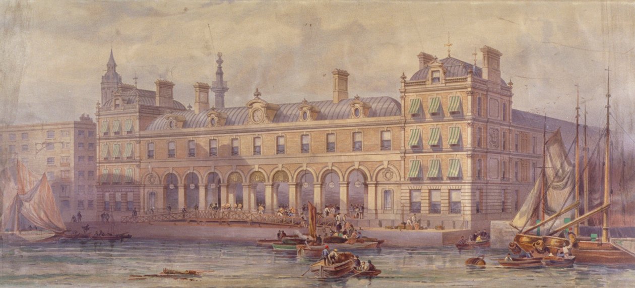 Vue du marché de Billingsgate avec des figures et des bateaux au premier plan, Londres, 1877 - CF Kell