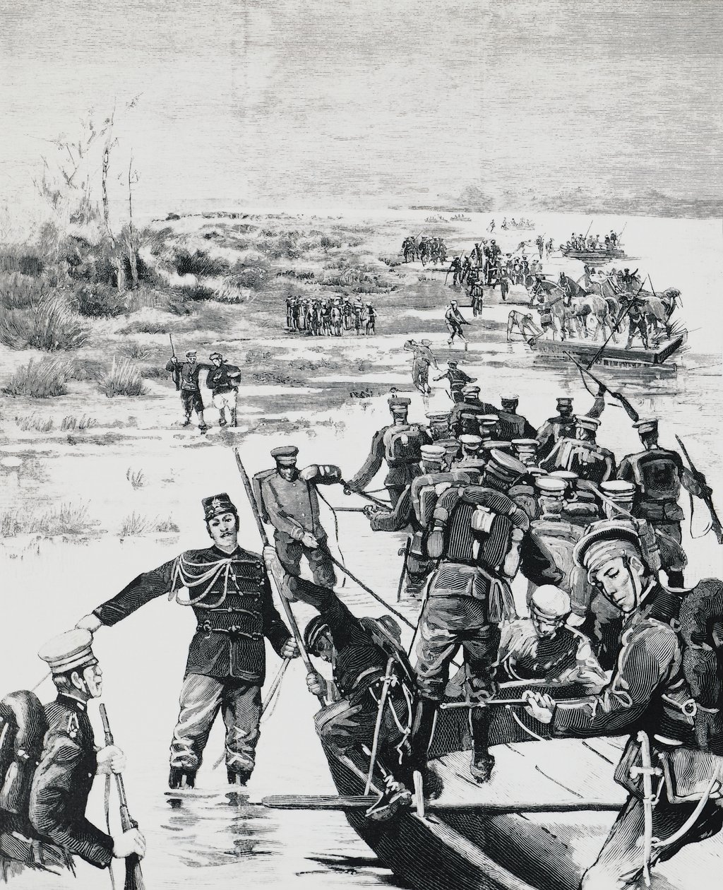 Troupes japonaises sous le commandement de Yamagata Aritomo traversant la rivière Yalu - J.B. and Brown J. Rowbotham
