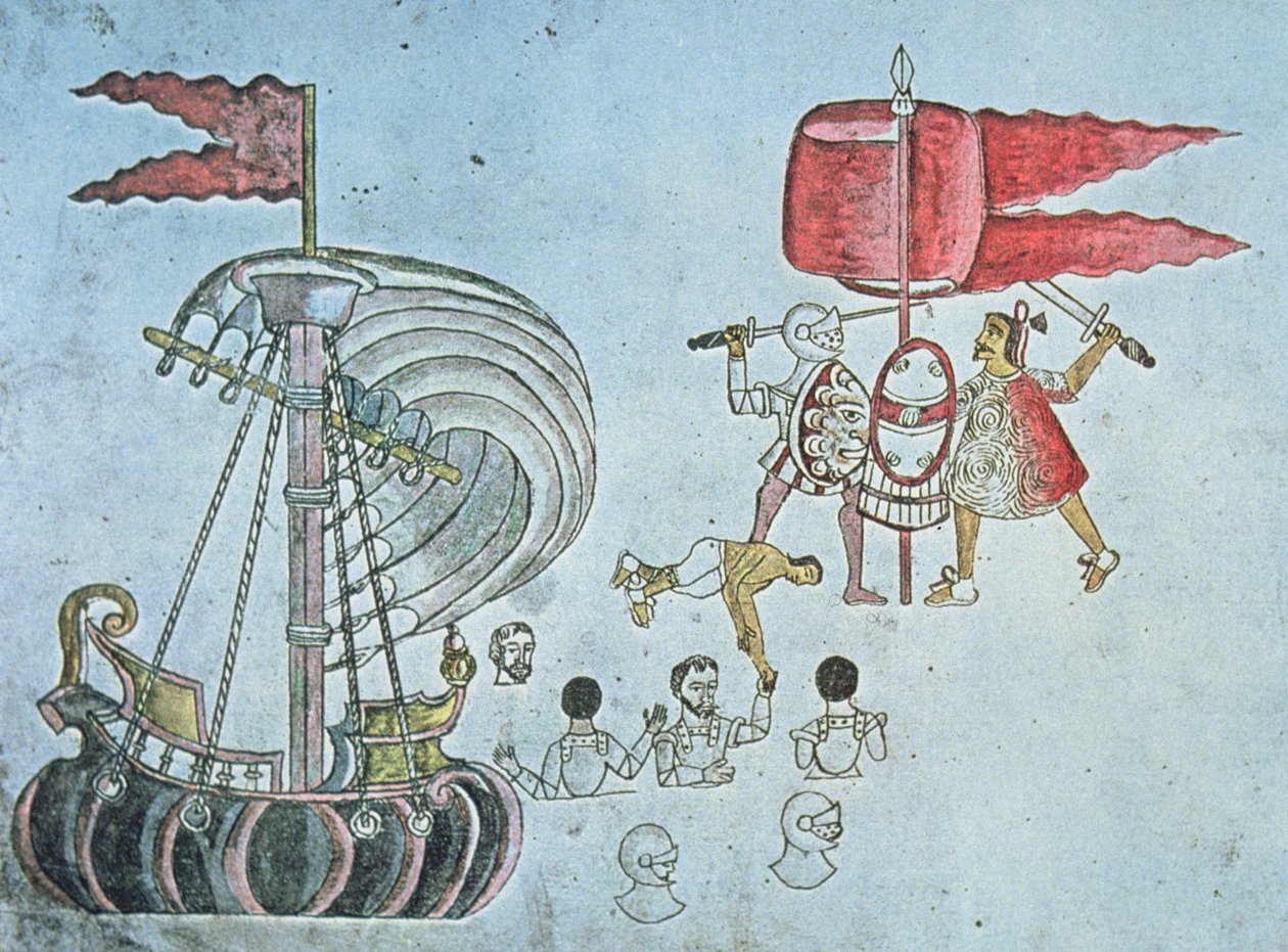 Soldats espagnols de Hernan Cortes débarquant en 1519 pour combattre les Aztèques, copié du Codex Azcatitlan, vers 1550 - J.B. and Brown J. Rowbotham