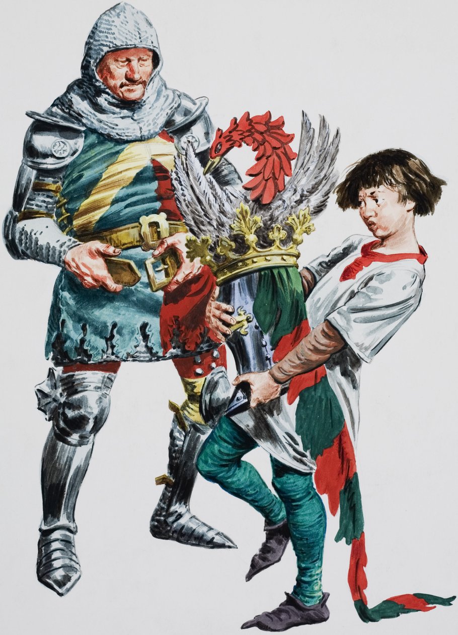 Un chevalier enfilant son armure (gouache sur papier) - C.L. Doughty